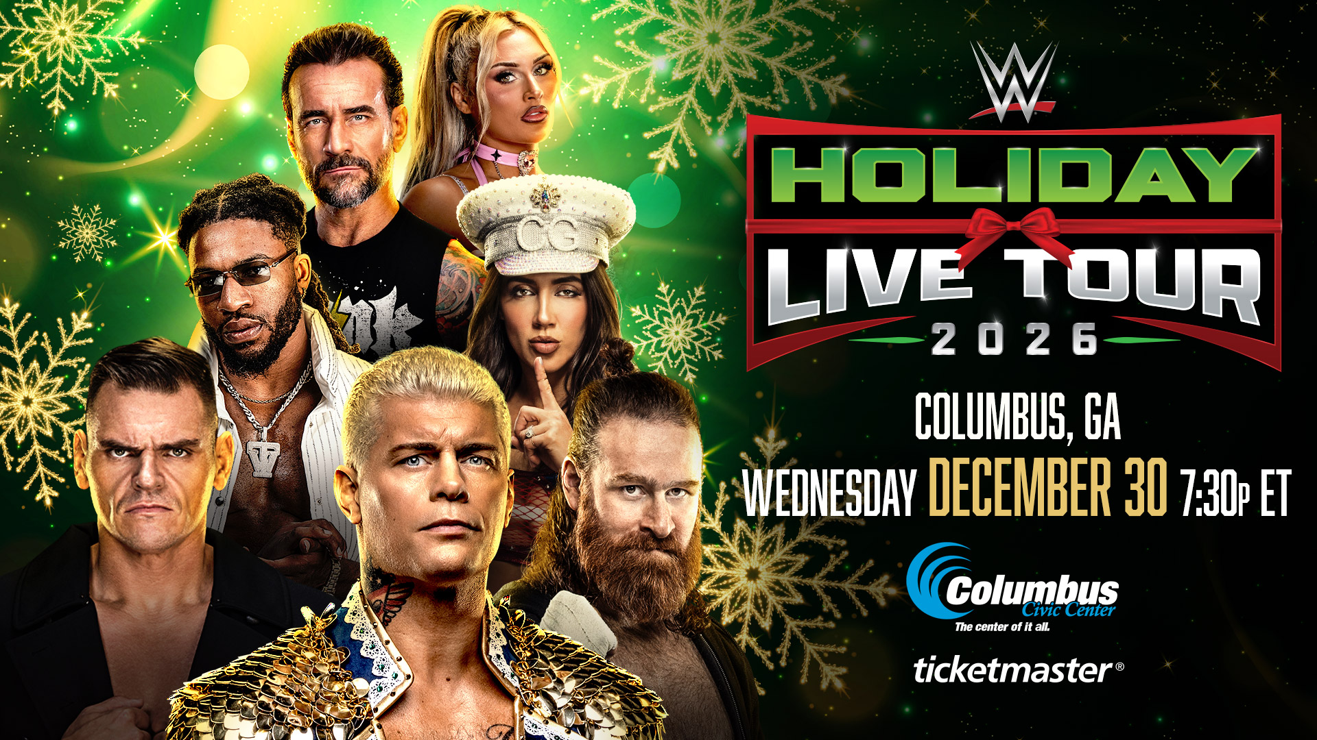 2026 WWE Holiday Tour flyer featuring seven wrestlers.